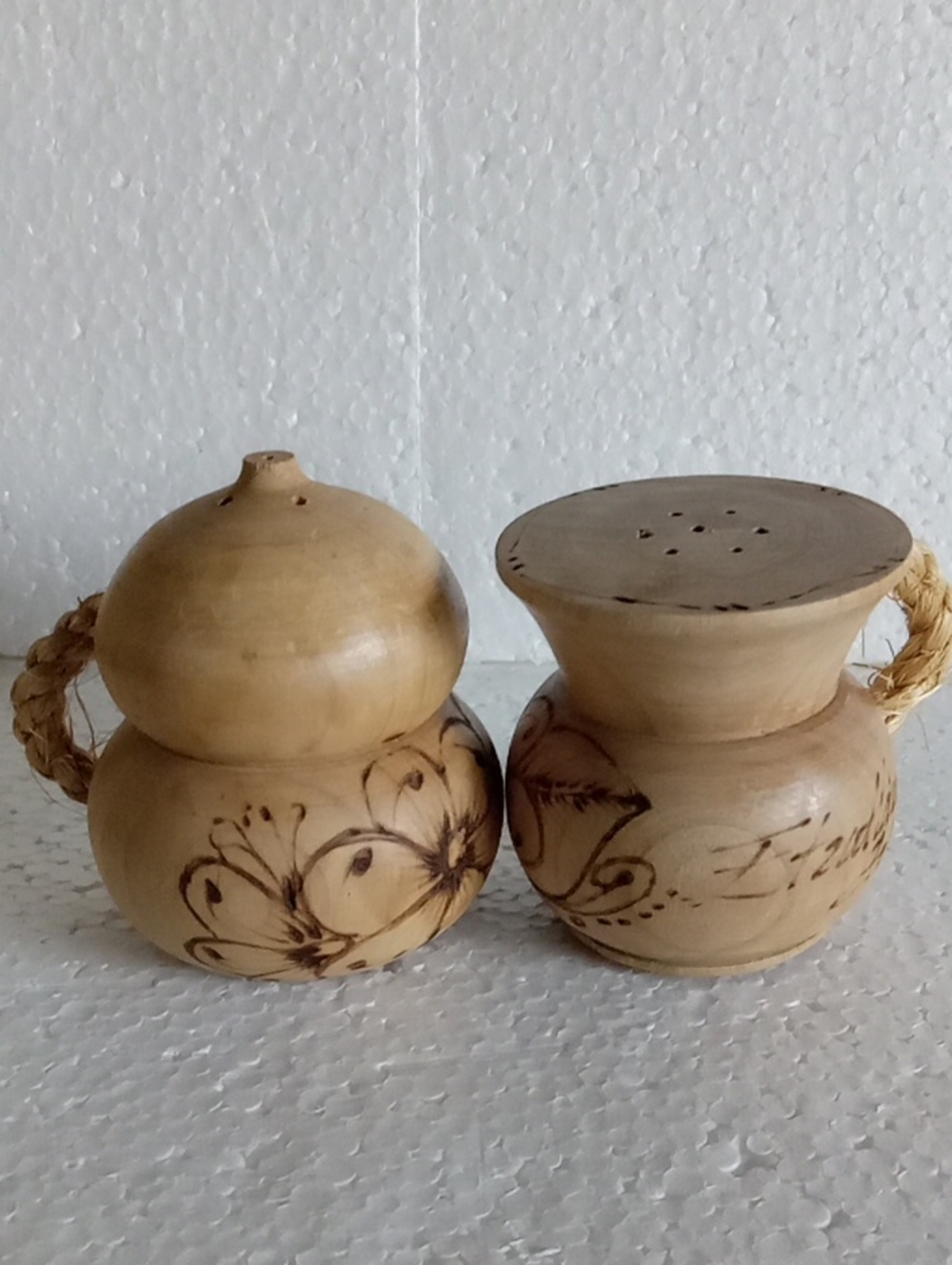 Vintage Wooden Salt And Pepper Shakers Handcrafted Wood Burned With Rope Handles